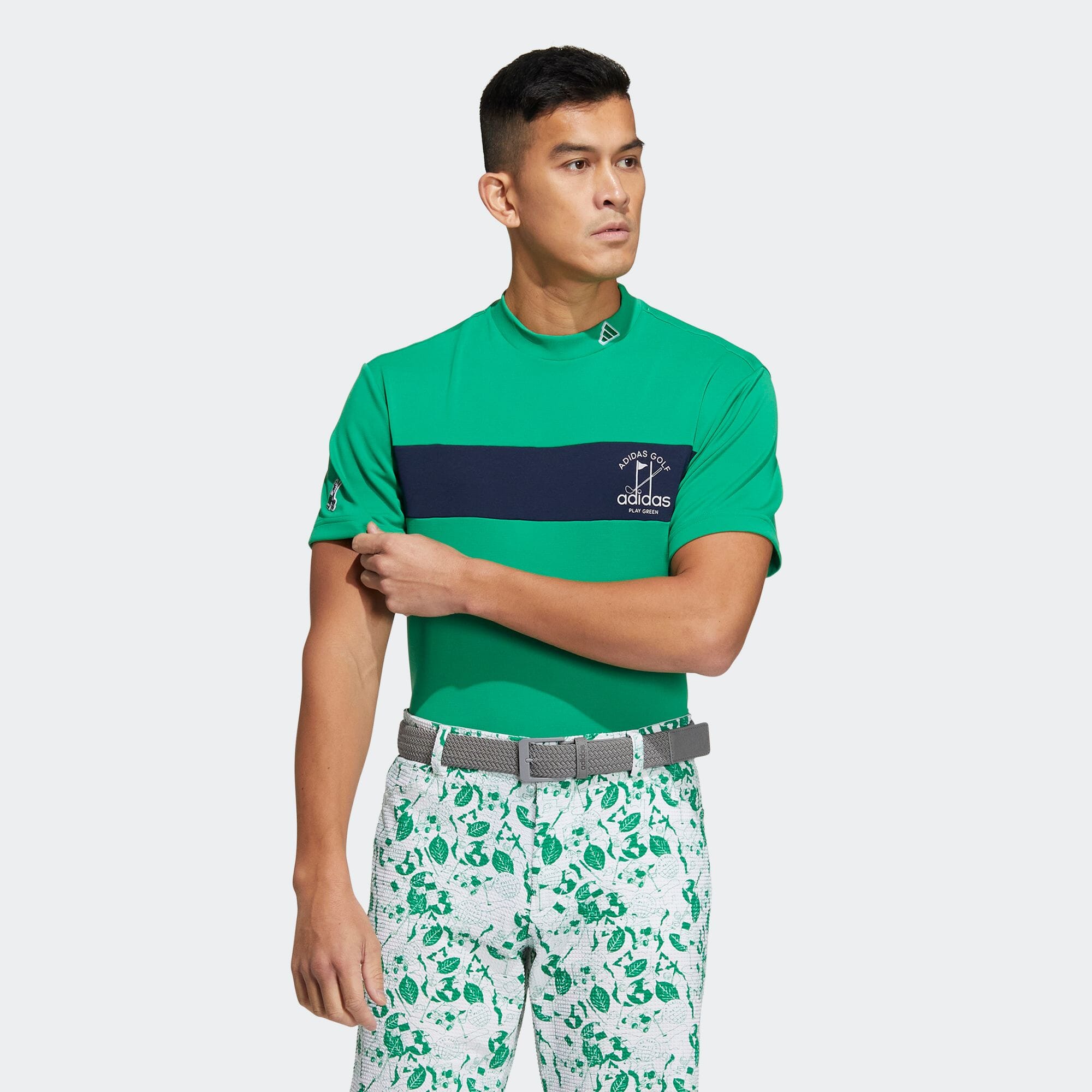 PLAY GREEN チェストストライプ半袖モックネックシャツ メンズ ゴルフ